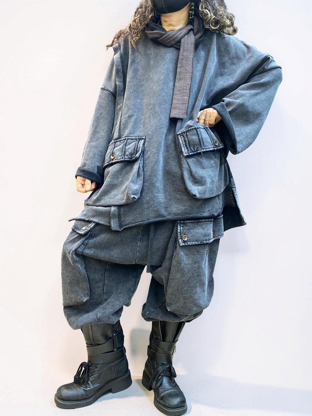Vintage Washed Cotton Two Piece Set, Oversized Utility Top and Baggy Harem Pants, Avant Garde Streetwear