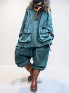 Vintage Washed Cotton Two Piece Set, Oversized Utility Top and Baggy Harem Pants, Avant Garde Streetwear