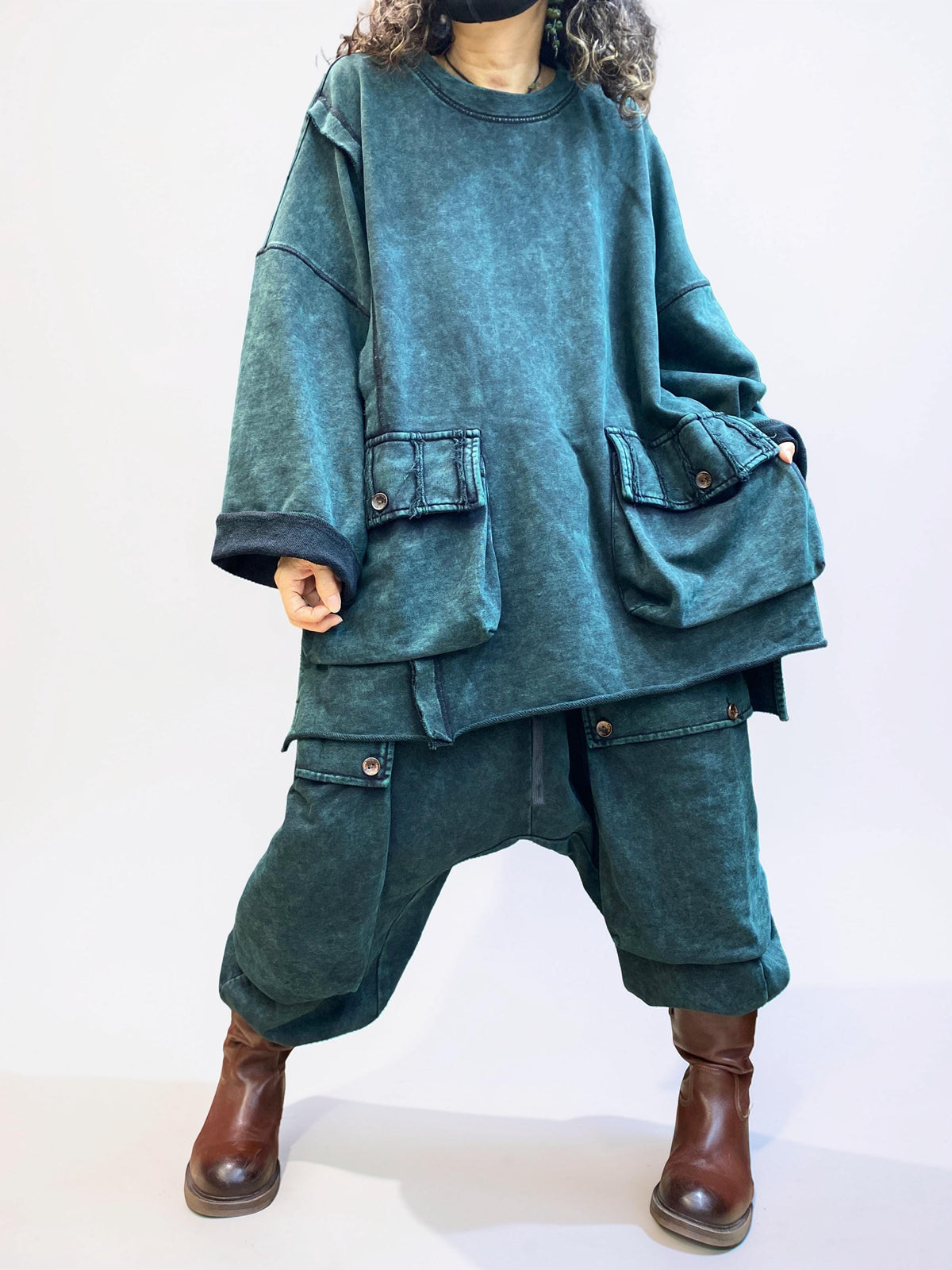 Vintage Washed Cotton Two Piece Set, Oversized Utility Top and Baggy Harem Pants, Avant Garde Streetwear