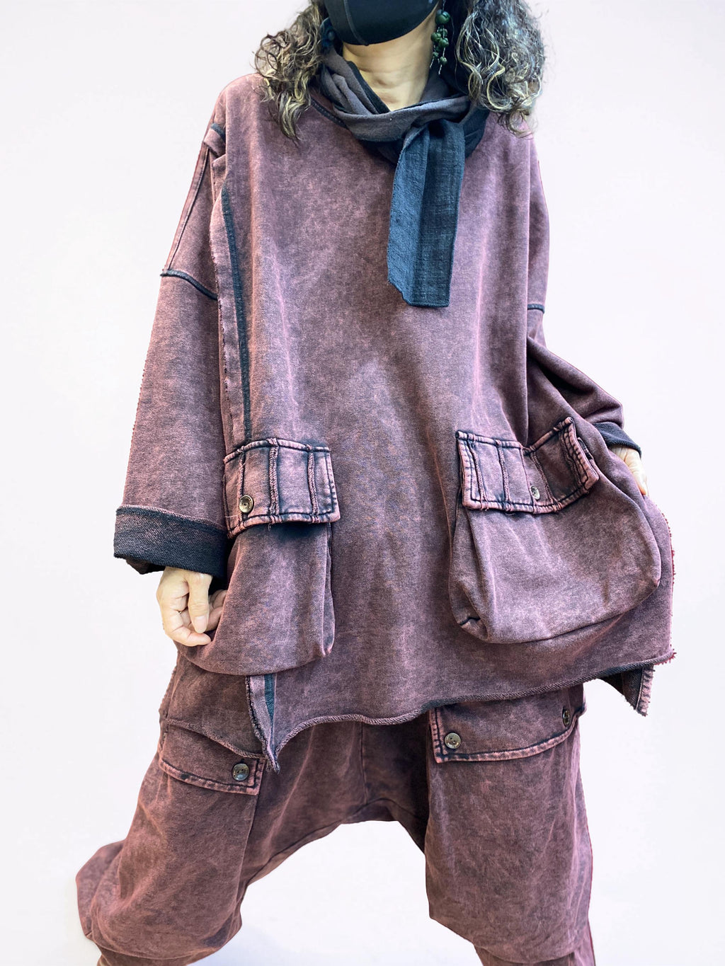 Vintage Washed Cotton Two Piece Set, Oversized Utility Top and Baggy Harem Pants, Avant Garde Streetwear
