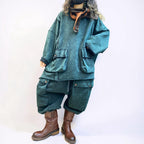 Vintage Washed Cotton Two Piece Set, Oversized Utility Top and Baggy Harem Pants, Avant Garde Streetwear