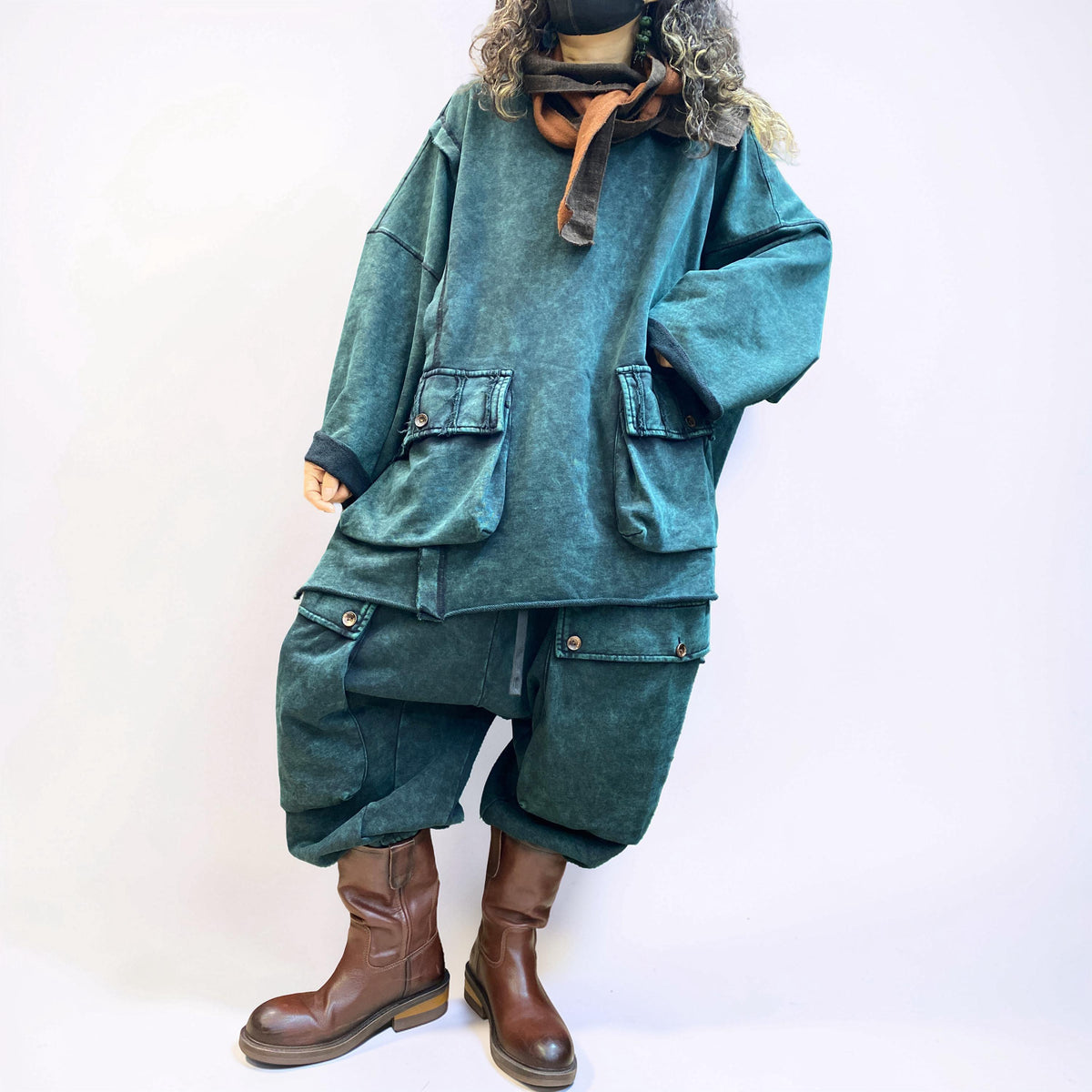 Vintage Washed Cotton Two Piece Set, Oversized Utility Top and Baggy Harem Pants, Avant Garde Streetwear