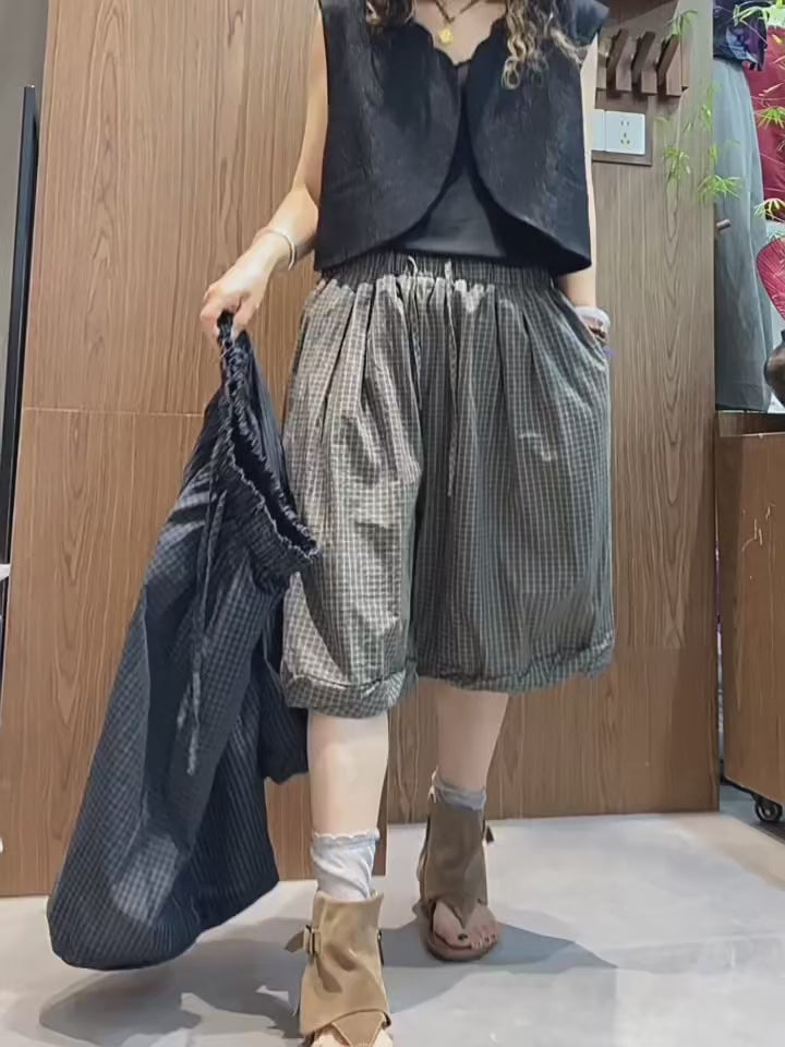 Unisex Balloon Shorts | Oversized Plaid Cotton Bubble Shorts | Elastic Waist Japanese Mori Style Summer Shorts with Pockets