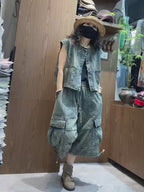 Vintage Washed Denim Vest & Balloon Cargo Pants Set