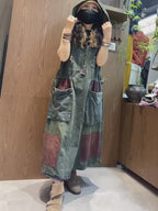 Washed Denim Patchwork Maxi Dress, Hooded Sleeveless Jean Dress, Oversized Pockets, Loose Fit