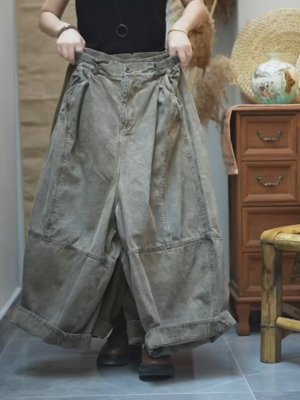Vintage Washed Denim Balloon Pants – Oversized Wide Leg Harem Trousers
