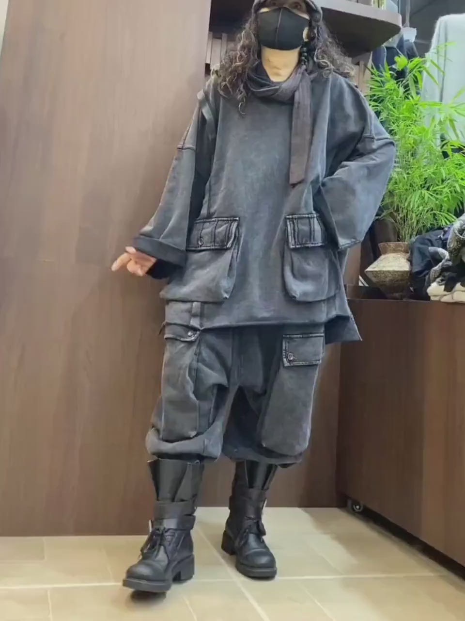 Vintage Washed Cotton Two Piece Set, Oversized Utility Top and Baggy Harem Pants, Avant Garde Streetwear