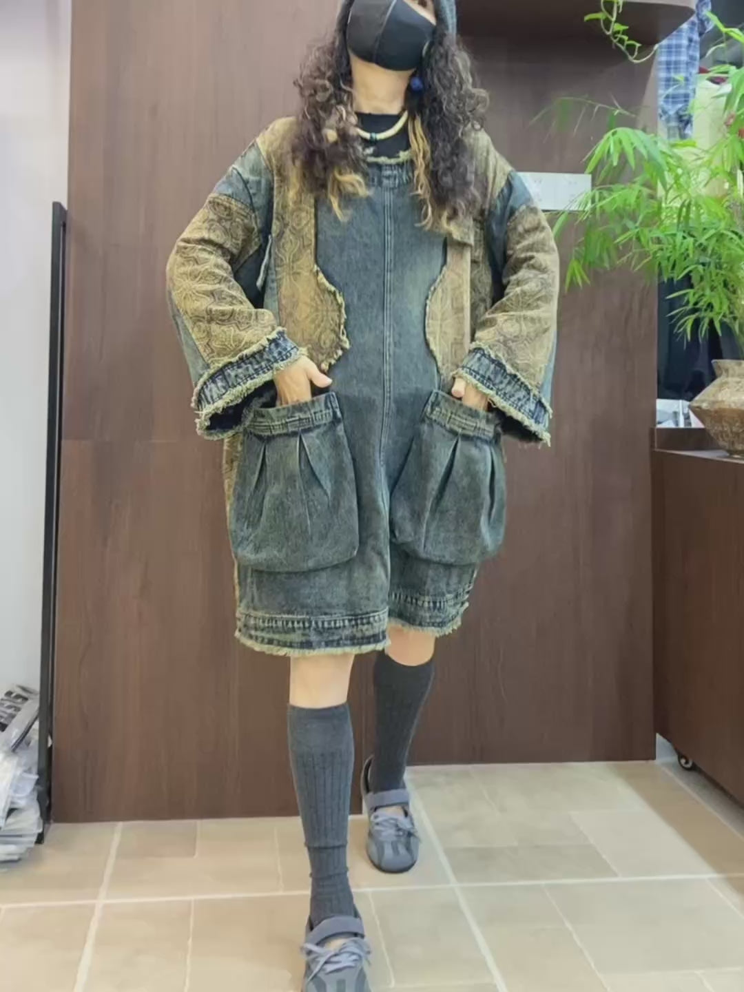 Vintage Washed Patchwork Denim Dress – Oversized Boho Tunic with Pockets