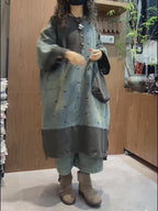 Model wearing oversized patchwork denim dress