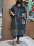 Model wearing oversized patchwork denim dress