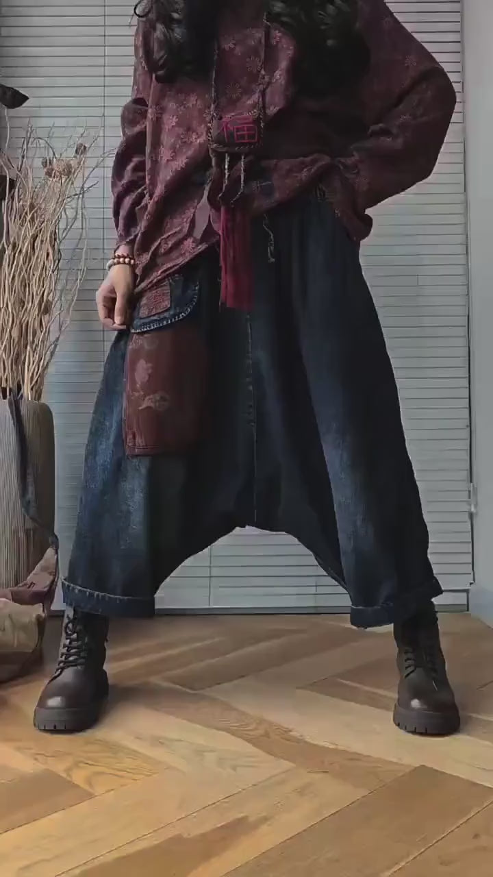 Baggy Harem Jeans: Drop Crotch Denim Pants with Patch Pocket