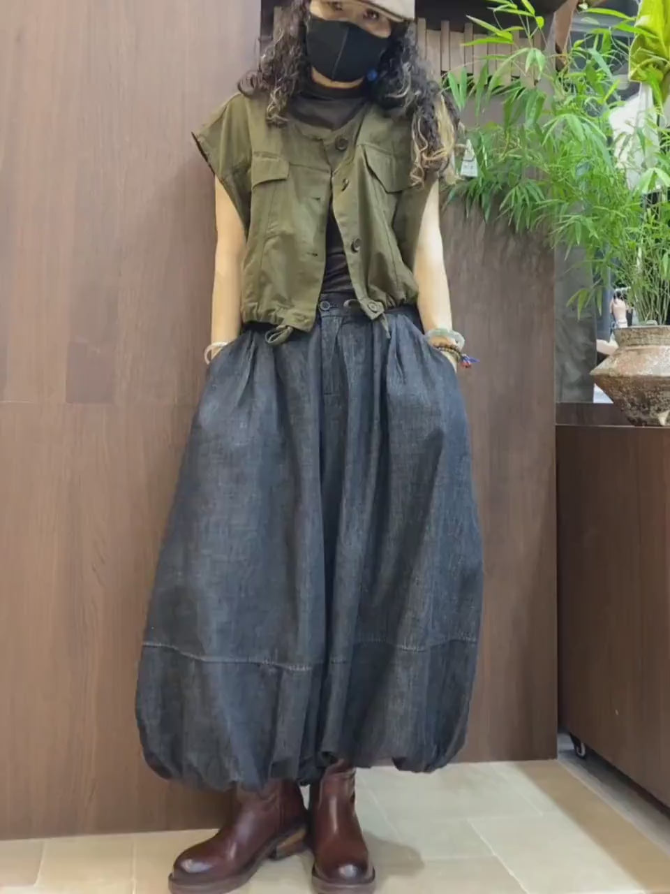 Double-Layer Denim Balloon Pants, High-Waist Wide Leg, Pleated Avant Garde (Washed Charcoal)