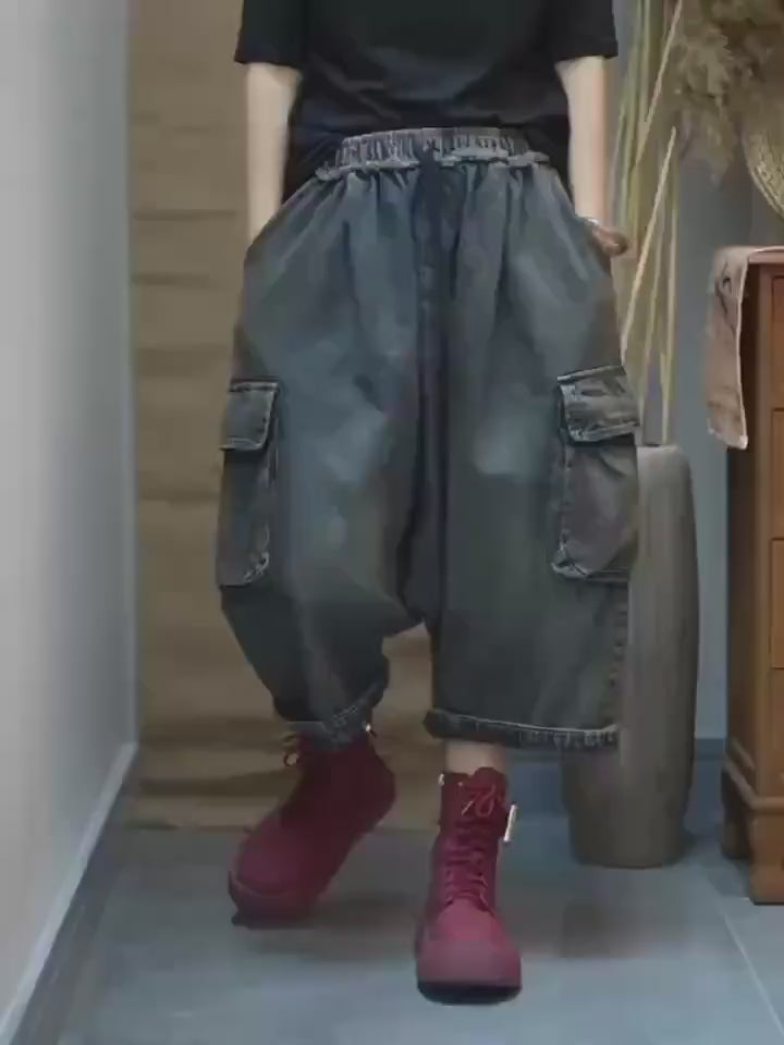 Vintage Washed Cargo Harem Pants- Unisex Loose Denim Streetwear, Baggy Jeans, Boho Drop Crotch