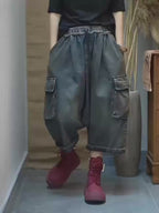 Vintage Washed Denim Cargo Harem Pants