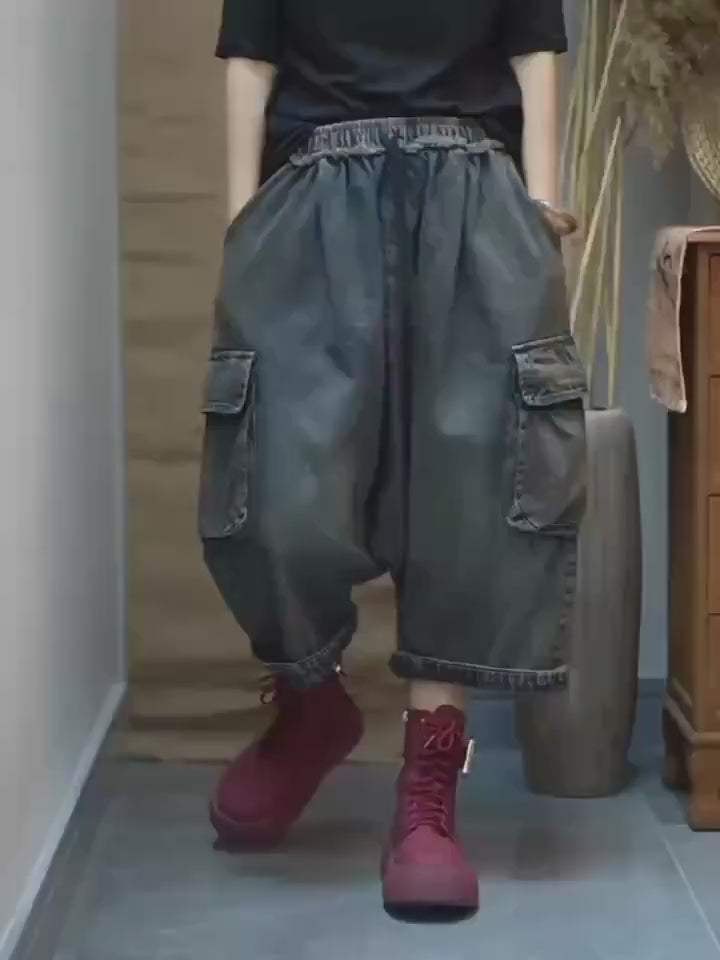 Vintage Washed Denim Cargo Harem Pants | Unisex Baggy Drop Crotch Jeans | Wide Leg Cropped Denim Trouser