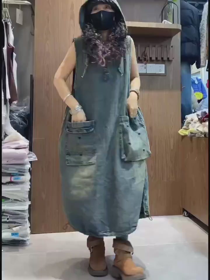 Oversized Washed Denim Hooded Dress: Boho Balloon Maxi Kaftan Style