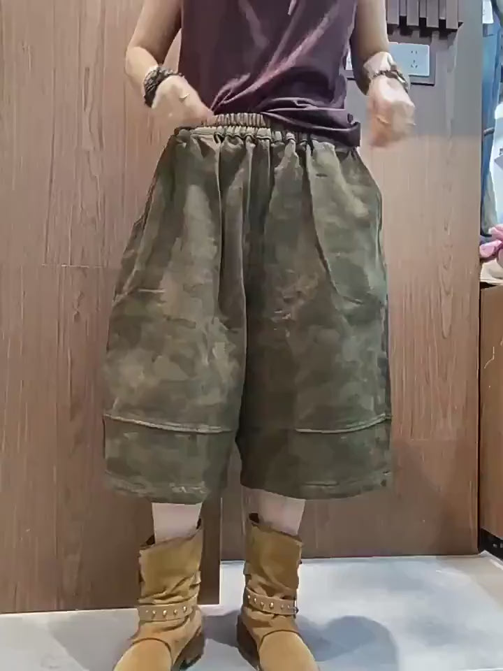 Washed Camo Wide Leg Cropped Pants, Heavyweight Textured Cotton,  Baggy Elastic Waist, Boho Streetwear