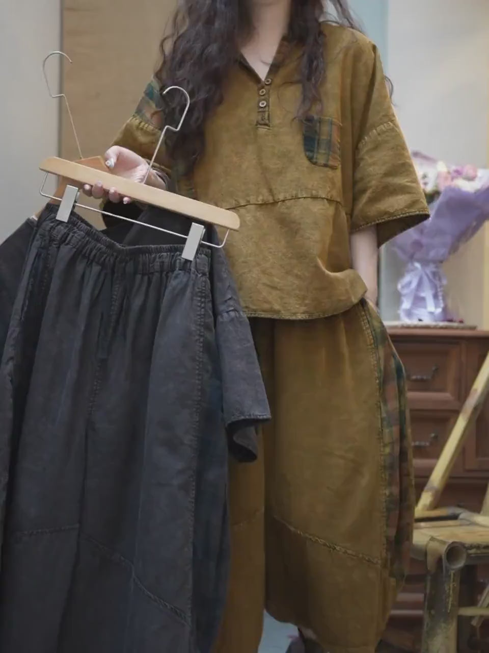 Washed Cotton Linen Patchwork Two-Piece Set, Oversized Top & Balloon Pants, Boho Artsy Outfit