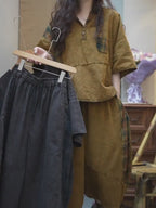 Washed Cotton Linen Patchwork Two-Piece Set, Oversized Top & Balloon Pants, Boho Artsy Outfit