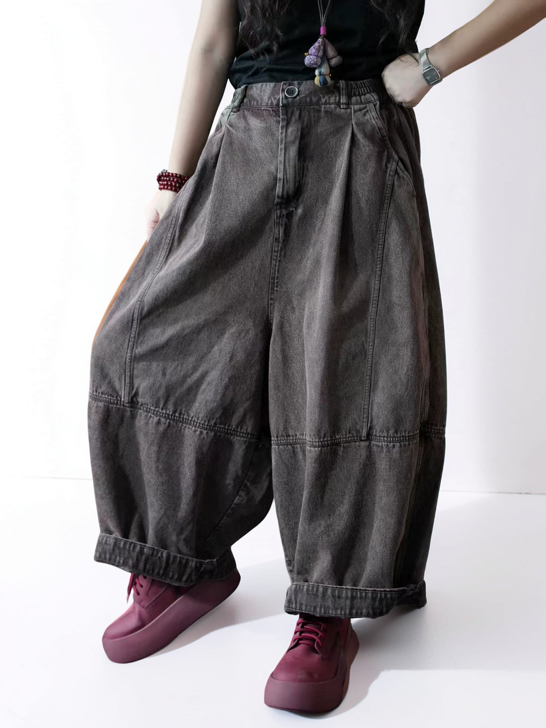 Vintage Washed Denim Balloon Pants – Oversized Wide Leg Harem Trousers